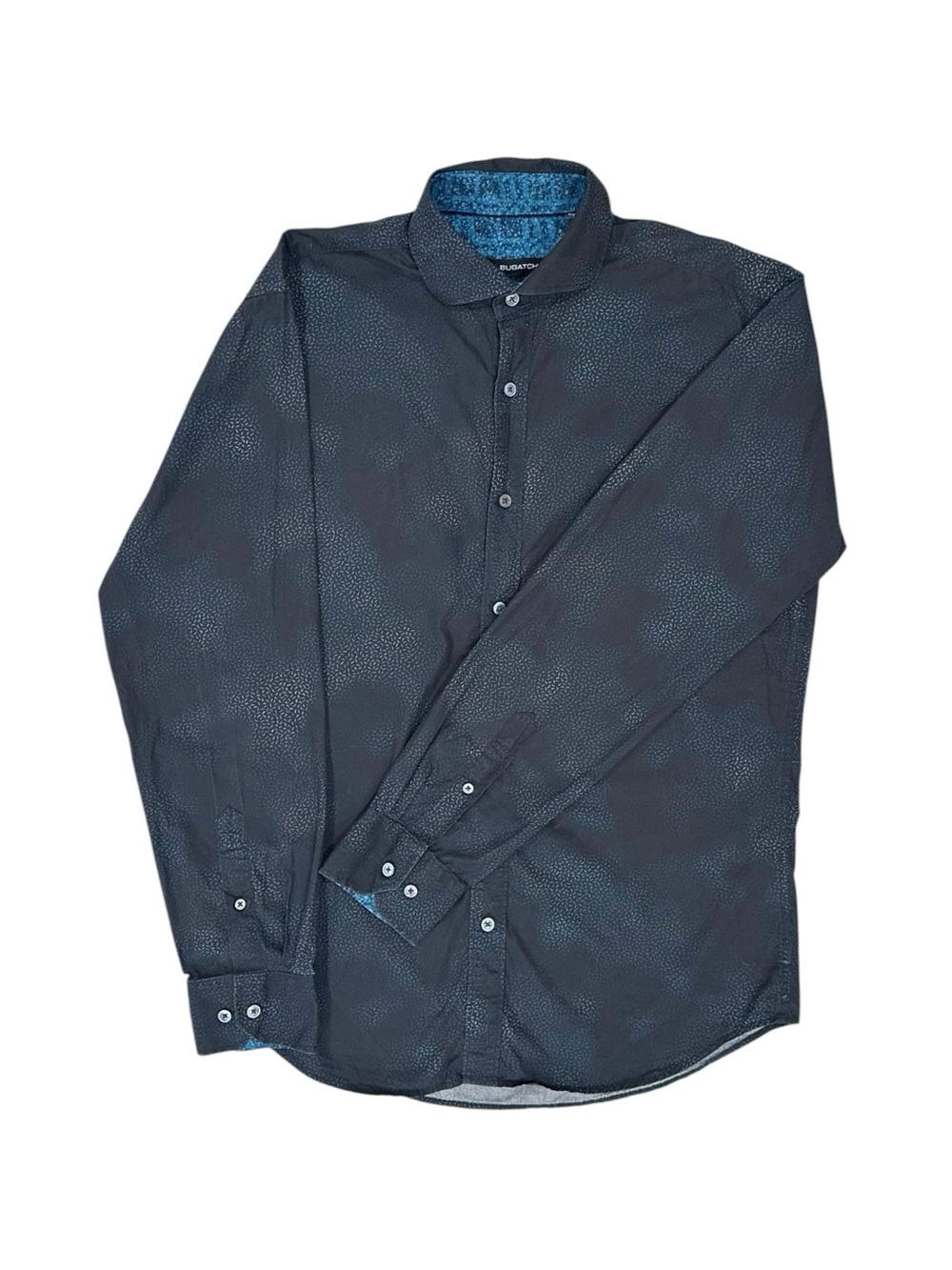 BUGATCHI Dark Teal Shirt with Turquoise and White Tie-Dye Print